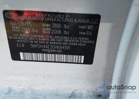 2016 Hyundai Elantra Se z USA, uszkodzony, nr VIN 5NPDH4AE2GH684591